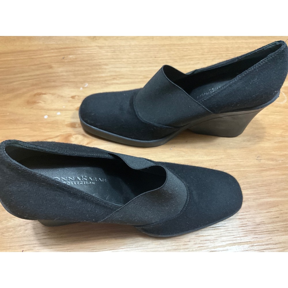 Donna Karan Collection Black Fabric Wedge Loafers Square Toe Elastic Slip On 9.5